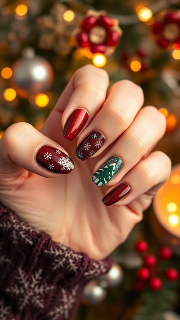 Elegant Christmas nail designs in red and green with snowflakes and Christmas trees.